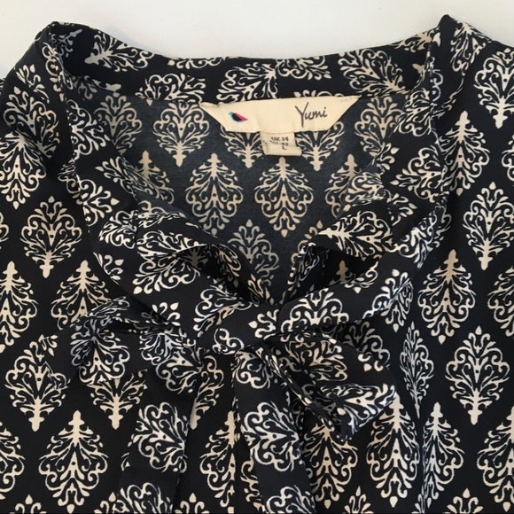 Yumi Black White Ikat Dress Border Print Tie Neck - Picture 15 of 16